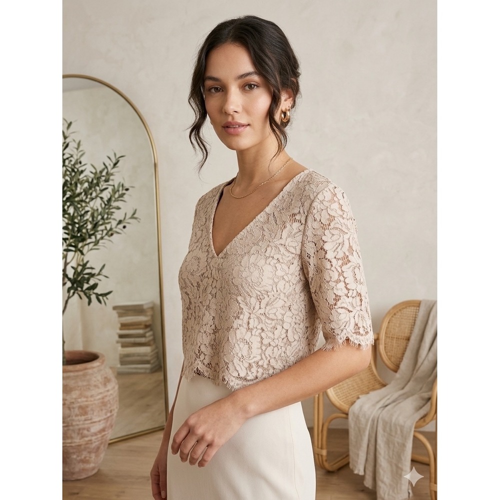 Jenny Yoo Collection Lace Cottagecore Crop Top Champagne  V-Neck Eyelash Trim